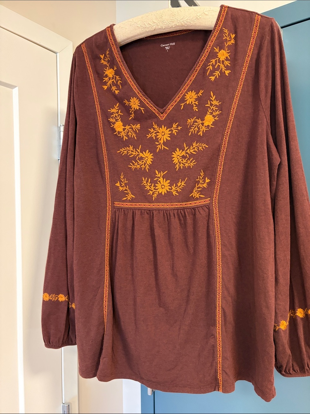 Garnet Hill Brown Tunic with Gold Floral Embroidery